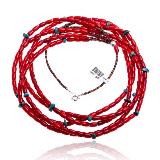 Natural Turquoise and Coral .925 Sterling Silver Certified Authentic Navajo Native American 5 Strand Necklace 15809-20