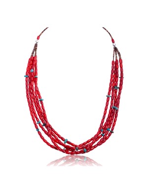 Natural Turquoise and Coral .925 Sterling Silver Certified Authentic Navajo Native American 5 Strand Necklace 15809-20