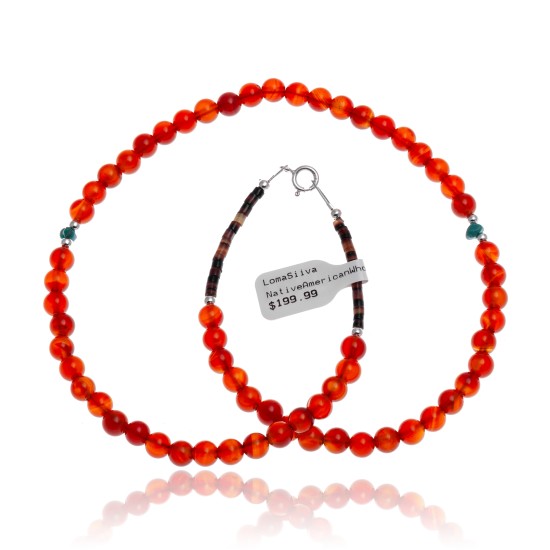 Natural Turquoise and Carnelian .925 Sterling Silver Certified Authentic Navajo Native American Necklace 16083-10