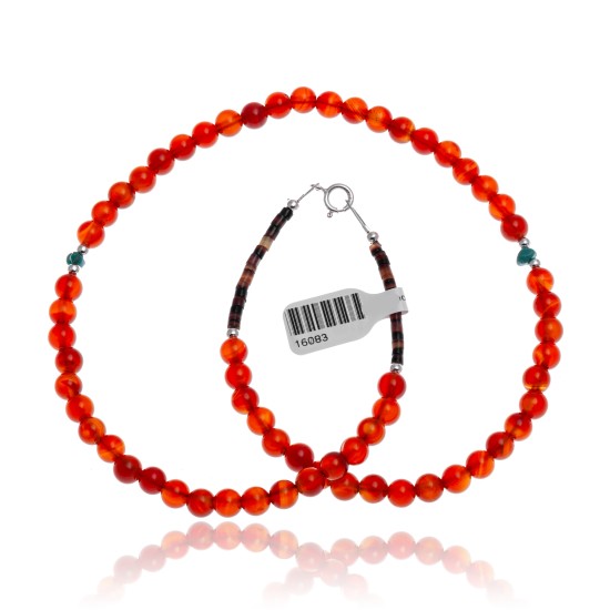 Natural Turquoise and Carnelian .925 Sterling Silver Certified Authentic Navajo Native American Necklace 16083-10
