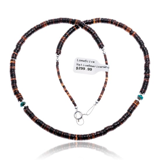 Natural Turquoise Heishi .925 Sterling Silver Certified Authentic Navajo Native American Necklace Chain 17031