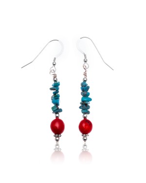 Natural Turquoise and Coral .925 Sterling Silver Hooks Certified Authentic Navajo Native American Dangle Earrings 18070