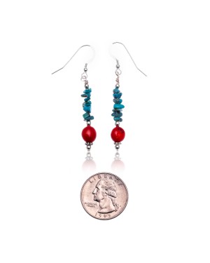 Natural Turquoise and Coral .925 Sterling Silver Hooks Certified Authentic Navajo Native American Dangle Earrings 18070 Natural Turquoise and Coral .925 Sterling Silver Hooks Certified Authentic Navajo Native American Dangle Earrings 18070