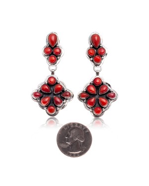 Coral .925 Starling Silver Certified Authentic Navajo Native American Handmade Post Earrings  18198-20
