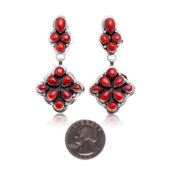 Coral .925 Starling Silver Certified Authentic Navajo Native American Handmade Post Earrings  18198-20