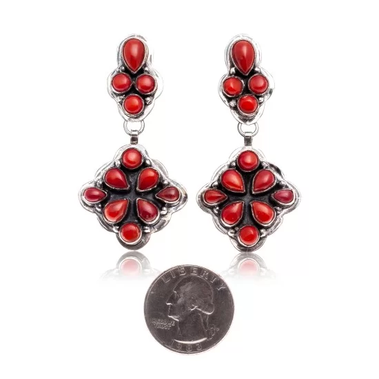 Coral .925 Starling Silver Navajo Native American Handmade Post Earrings 18198-20 Coral .925 Starling Silver Navajo Native American Handmade Post Earrings 18198-20