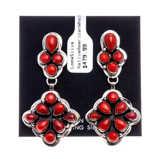 Coral .925 Starling Silver Navajo Native American Handmade Post Earrings 18198-20 Coral .925 Starling Silver Navajo Native American Handmade Post Earrings 18198-20