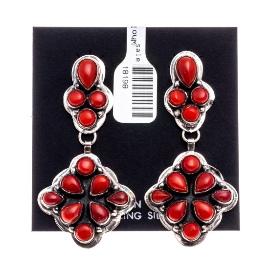 Coral .925 Starling Silver Certified Authentic Navajo Native American Handmade Post Earrings  18198-20