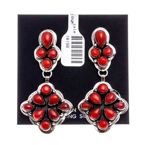 Coral .925 Starling Silver Navajo Native American Handmade Post Earrings 18198-20 Coral .925 Starling Silver Navajo Native American Handmade Post Earrings 18198-20