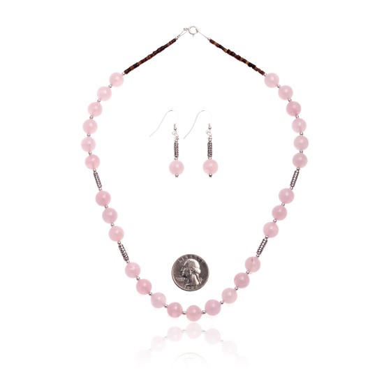 .925 Sterling Silver Certified Authentic Navajo Native American Natural Pink Quartz Set 18235-1-18237-1