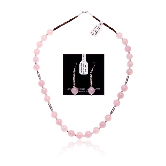 .925 Sterling Silver Certified Authentic Navajo Native American Natural Pink Quartz Set 18235-1-18237-1