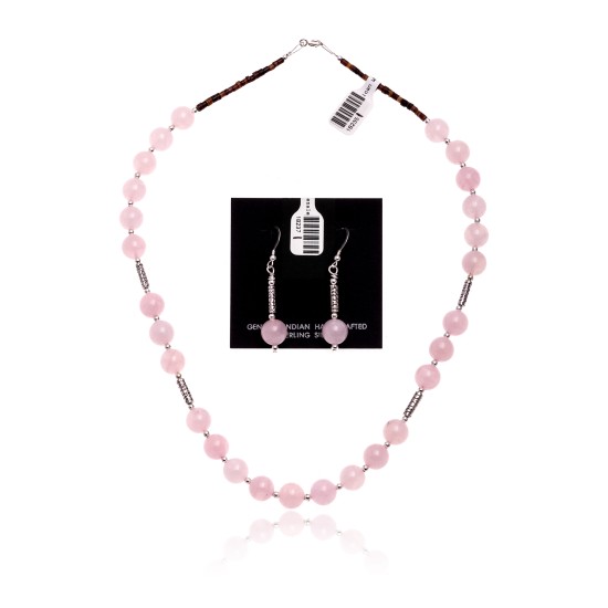 .925 Sterling Silver Certified Authentic Navajo Native American Natural Pink Quartz Set 18235-1-18237-1