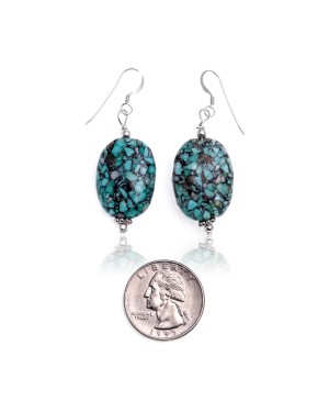 Composite Mosaik Turquoise .925 Sterling Silver Hooks Certified Authentic Navajo Native American Dangle Earrings 18255-2