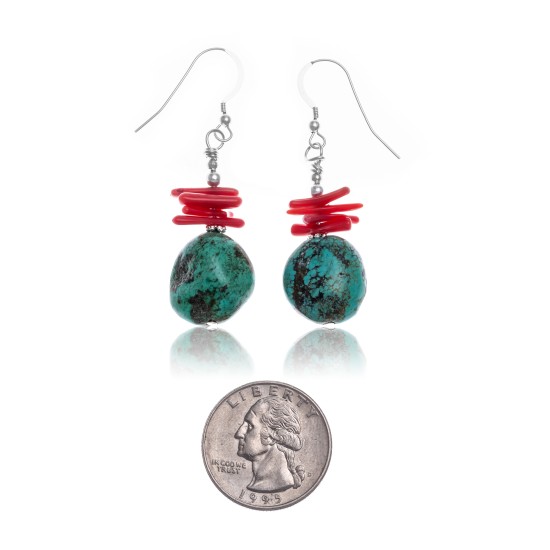 Natural Turquoise Coral .925 Sterling Silver Hooks Certified Authentic Navajo Native American Dangle Earrings 18294-12