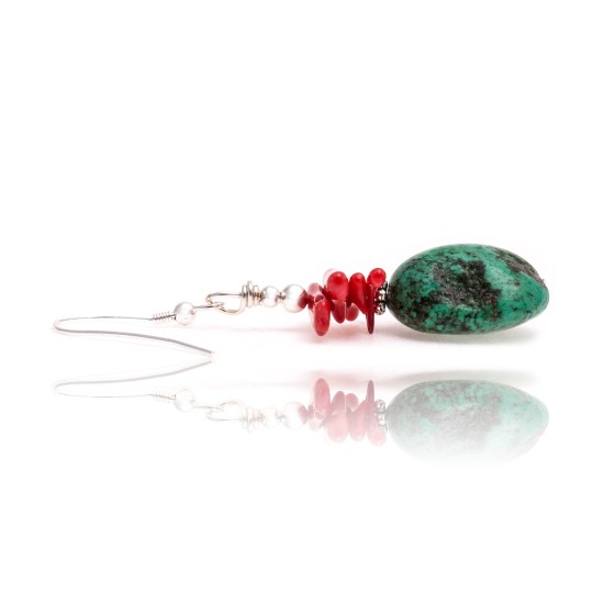 Natural Turquoise Coral .925 Sterling Silver Hooks Certified Authentic Navajo Native American Dangle Earrings 18294-12