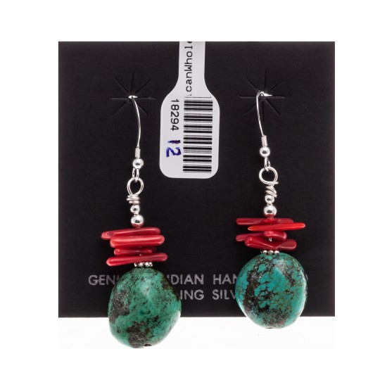 Natural Turquoise Coral .925 Sterling Silver Hooks Certified Authentic Navajo Native American Dangle Earrings 18294-12