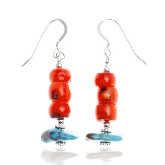 Natural Turquoise and Coral .925 Sterling Silver Hooks Certified Authentic Navajo Native American Dangle Earrings 18294-14