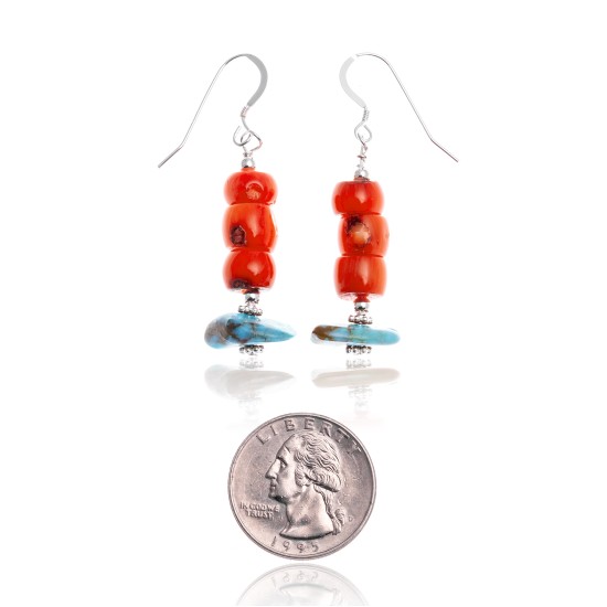 Natural Turquoise and Coral .925 Sterling Silver Hooks Certified Authentic Navajo Native American Dangle Earrings 18294-14