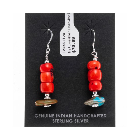 Natural Turquoise and Coral .925 Sterling Silver Hooks Certified Authentic Navajo Native American Dangle Earrings 18294-14