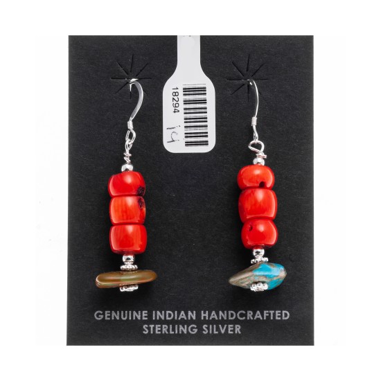 Natural Turquoise and Coral .925 Sterling Silver Hooks Certified Authentic Navajo Native American Dangle Earrings 18294-14