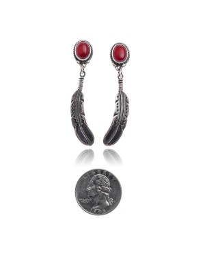 Coral .925 Sterling Silver Certified Authentic Navajo Native American Handmade Feather Post Earrings  18315-91