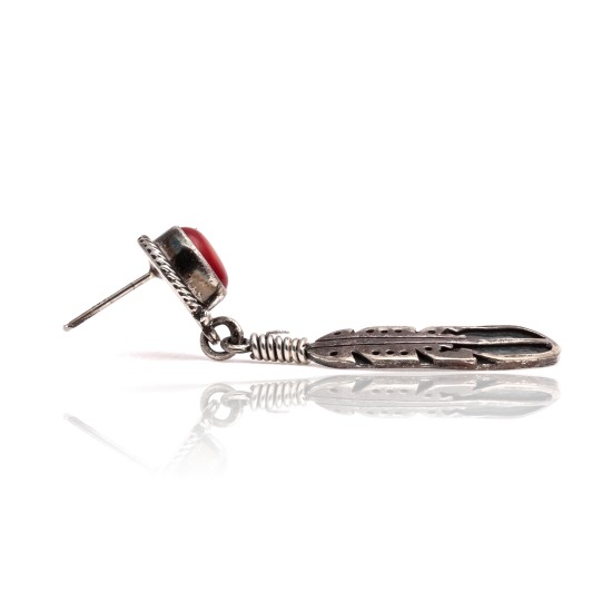 Coral .925 Sterling Silver Certified Authentic Navajo Native American Handmade Feather Post Earrings  18315-91