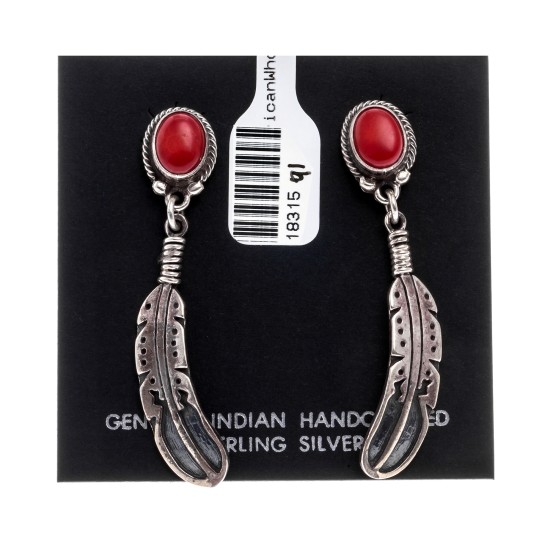Coral .925 Sterling Silver Certified Authentic Navajo Native American Handmade Feather Post Earrings  18315-91