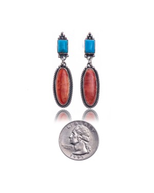 Natural Turquoise Spiny Oyster .925 Sterling Silver Certified Authentic Navajo Native American Handmade Post Earrings  18316-1