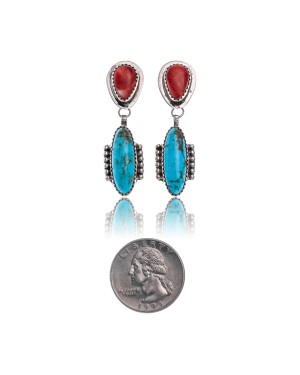 Natural Turquoise Spiny Oyster .925 Sterling Silver Certified Authentic Navajo Native American Handmade Post Earrings  18316-3