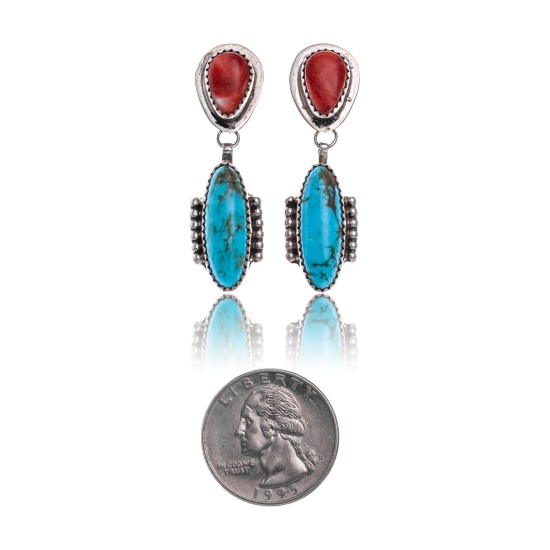 Natural Turquoise Spiny Oyster .925 Sterling Silver Certified Authentic Navajo Native American Handmade Post Earrings  18316-3