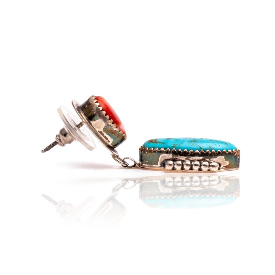 Natural Turquoise Spiny Oyster .925 Sterling Silver Certified Authentic Navajo Native American Handmade Post Earrings  18316-3