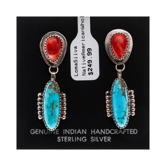 Natural Turquoise Spiny Oyster .925 Sterling Silver Certified Authentic Navajo Native American Handmade Post Earrings  18316-3