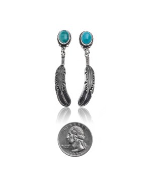 Natural Turquoise .925 Sterling Silver Certified Authentic Navajo Native American Handmade Feather Post Earrings  18317