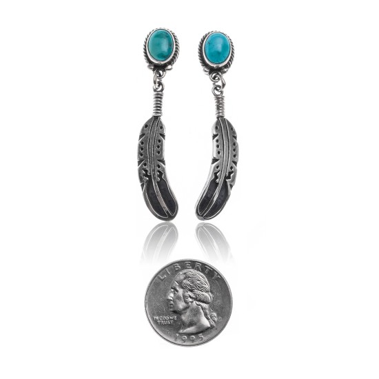 Natural Turquoise .925 Sterling Silver Certified Authentic Navajo Native American Handmade Feather Post Earrings  18317