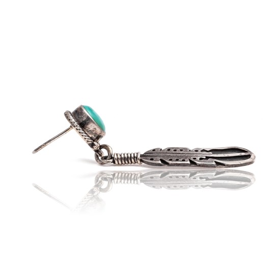 Natural Turquoise .925 Sterling Silver Certified Authentic Navajo Native American Handmade Feather Post Earrings  18317