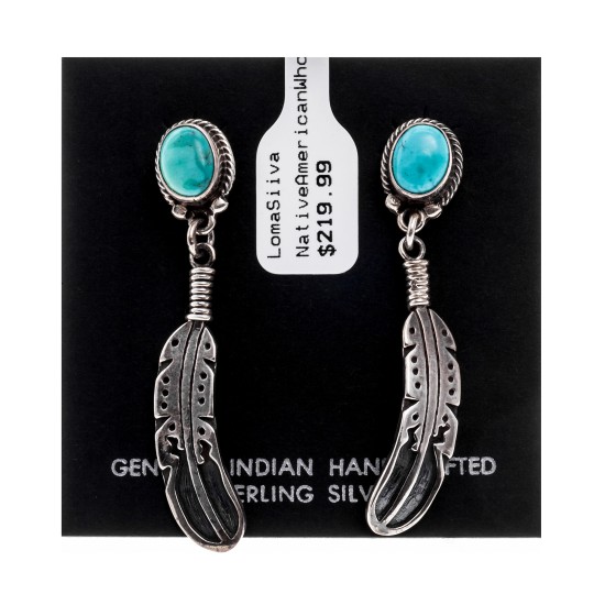 Natural Turquoise .925 Sterling Silver Certified Authentic Navajo Native American Handmade Feather Post Earrings  18317