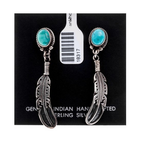 Natural Turquoise .925 Sterling Silver Certified Authentic Navajo Native American Handmade Feather Post Earrings  18317