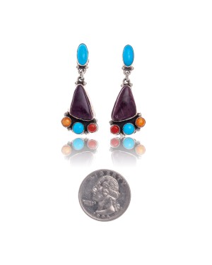 Natural Turquoise Multicolor Stone .925 Sterling Silver Certified Authentic Navajo Native American Handmade Post Earrings  18319-1