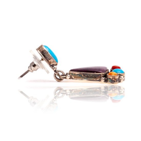 Natural Turquoise Multicolor Stone .925 Sterling Silver Certified Authentic Navajo Native American Handmade Post Earrings  18319-1