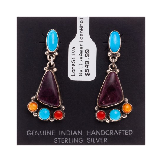 Natural Turquoise Multicolor Stone .925 Sterling Silver Certified Authentic Navajo Native American Handmade Post Earrings  18319-1