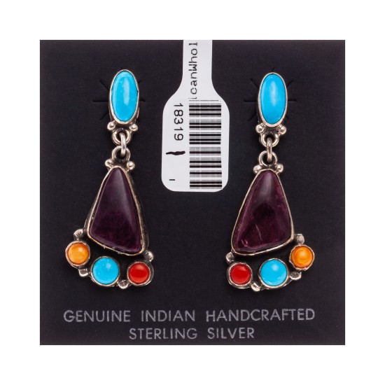 Natural Turquoise Multicolor Stone .925 Sterling Silver Certified Authentic Navajo Native American Handmade Post Earrings  18319-1