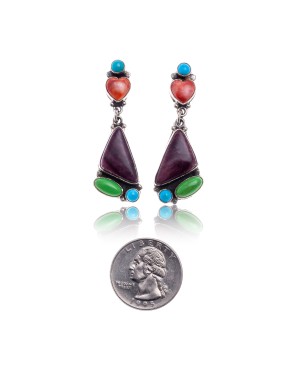 Natural Turquoise Multicolor Stone .925 Sterling Silver Certified Authentic Navajo Native American Handmade Heart Post Earrings  18319-2