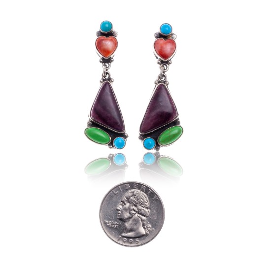 Natural Turquoise Multicolor Stone .925 Sterling Silver Certified Authentic Navajo Native American Handmade Heart Post Earrings  18319-2