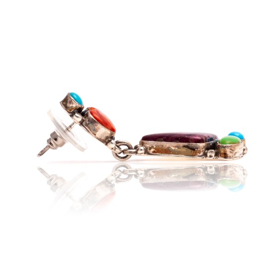 Natural Turquoise Multicolor Stone .925 Sterling Silver Certified Authentic Navajo Native American Handmade Heart Post Earrings  18319-2