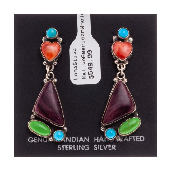 Natural Turquoise Multicolor Stone .925 Sterling Silver Certified Authentic Navajo Native American Handmade Heart Post Earrings  18319-2