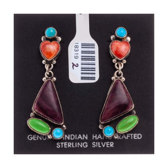 Natural Turquoise Multicolor Stone .925 Sterling Silver Certified Authentic Navajo Native American Handmade Heart Post Earrings  18319-2