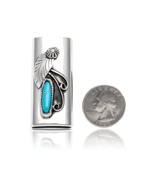 Natural Turquoise .925 Sterling Silver and Nickel Certified Authentic Navajo Native American Handmade Flower Leaf Lighter Case 18334
