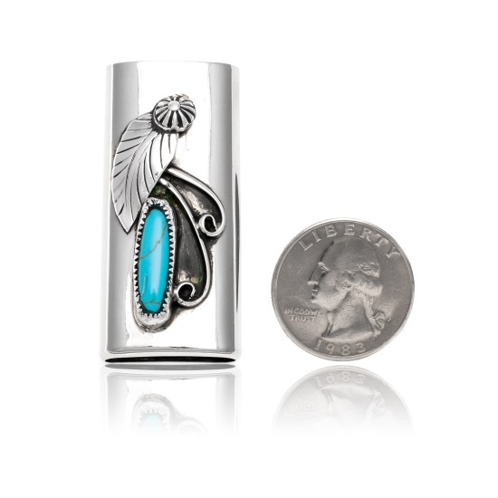 Natural Turquoise .925 Sterling Silver and Nickel Certified Authentic Navajo Native American Handmade Flower Leaf Lighter Case 18334