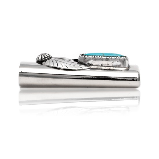 Natural Turquoise .925 Sterling Silver and Nickel Certified Authentic Navajo Native American Handmade Flower Leaf Lighter Case 18334