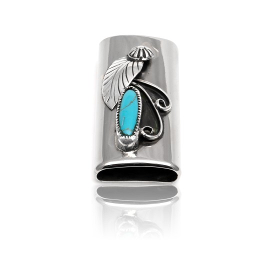 Natural Turquoise .925 Sterling Silver and Nickel Certified Authentic Navajo Native American Handmade Flower Leaf Lighter Case 18334